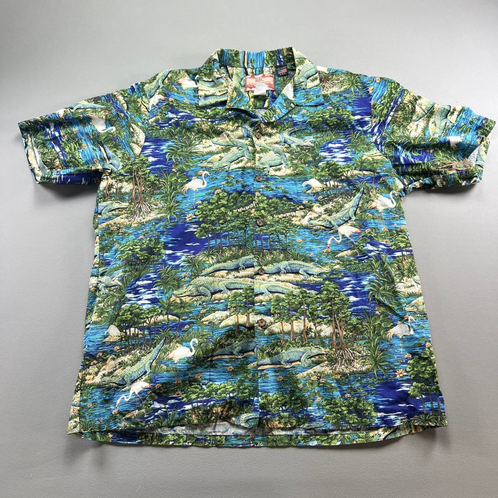 RJC Robert J Clancey Hawaiian Shirt Mens XL Multicolor Tropical Swamp Pleated